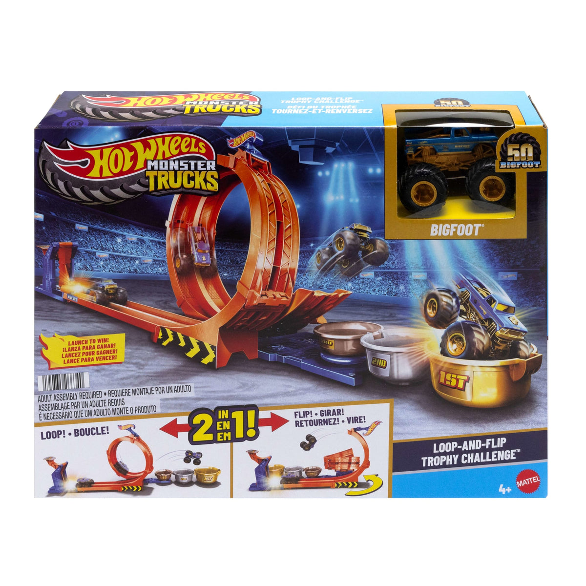 Hot Wheels Monster Trucks Pista de Juguete Competencia de Big Foot Giros Extremos