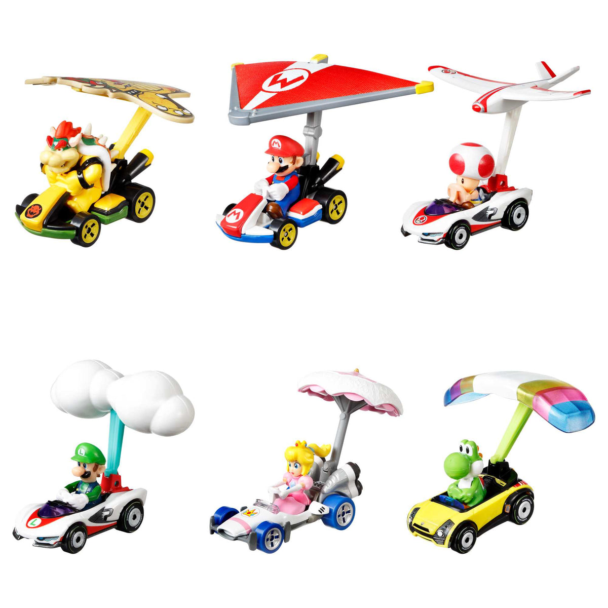 Hot Wheels Mario Kart Veículo de Brinquedo Yoshi Sports Coupê com Paraquedas