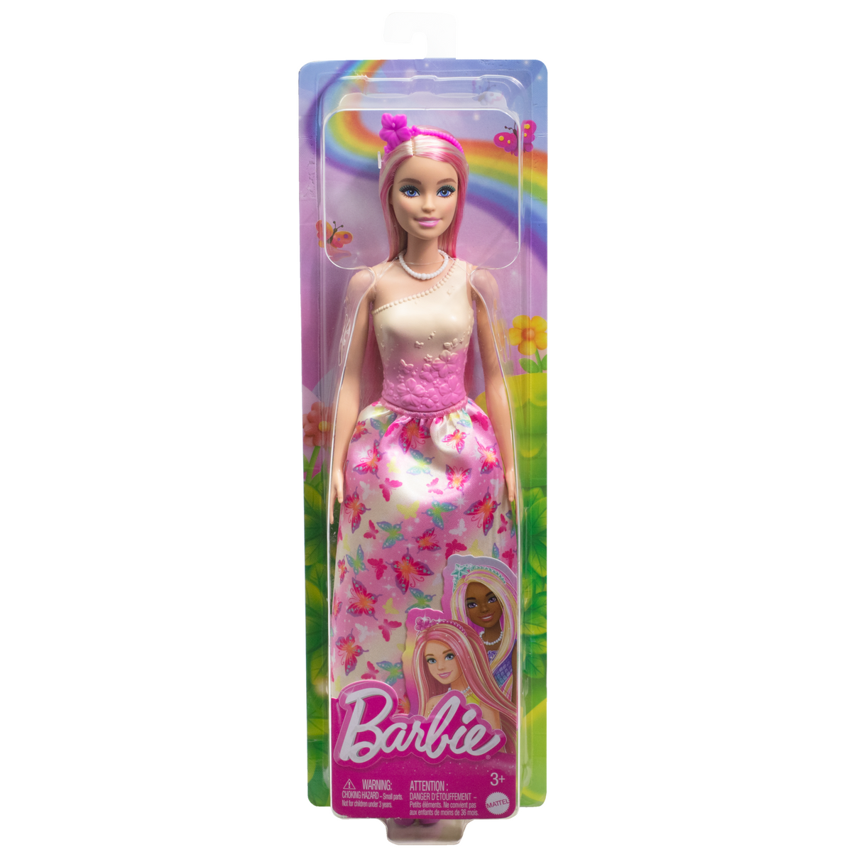 Poupée Barbie Royale Avec Cheveux Roses et Blonds, Jupe à Imprimé de Papillons et Accessoires