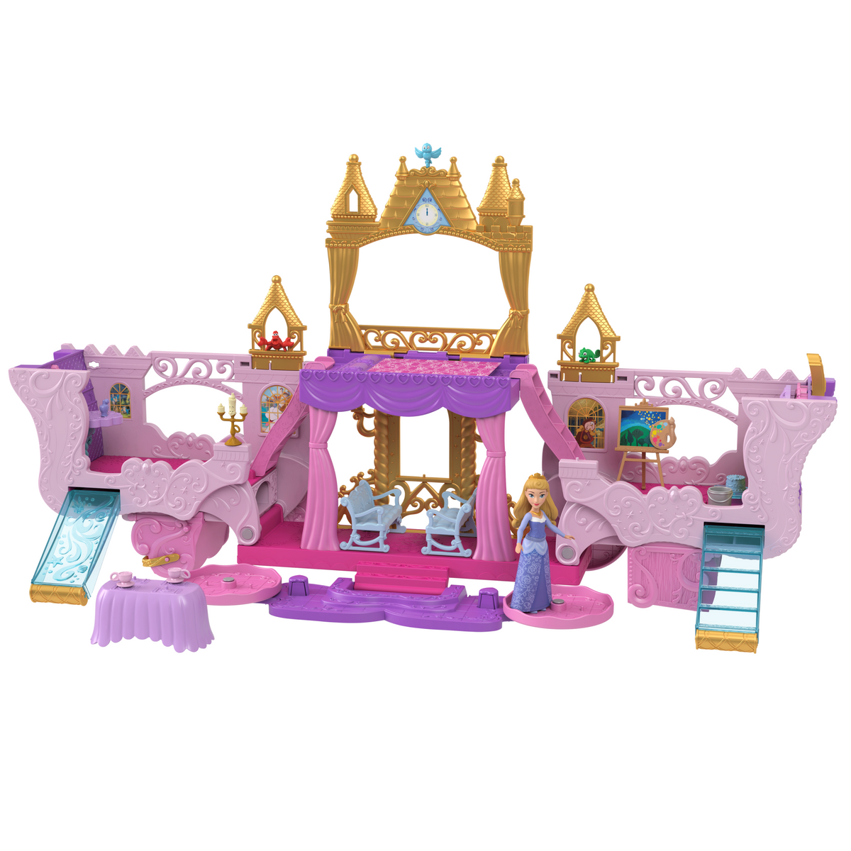 Disney Princess Carriage To Castle Transforming Playset With Aurora Small Doll, 4 Figures & 3 Levels
