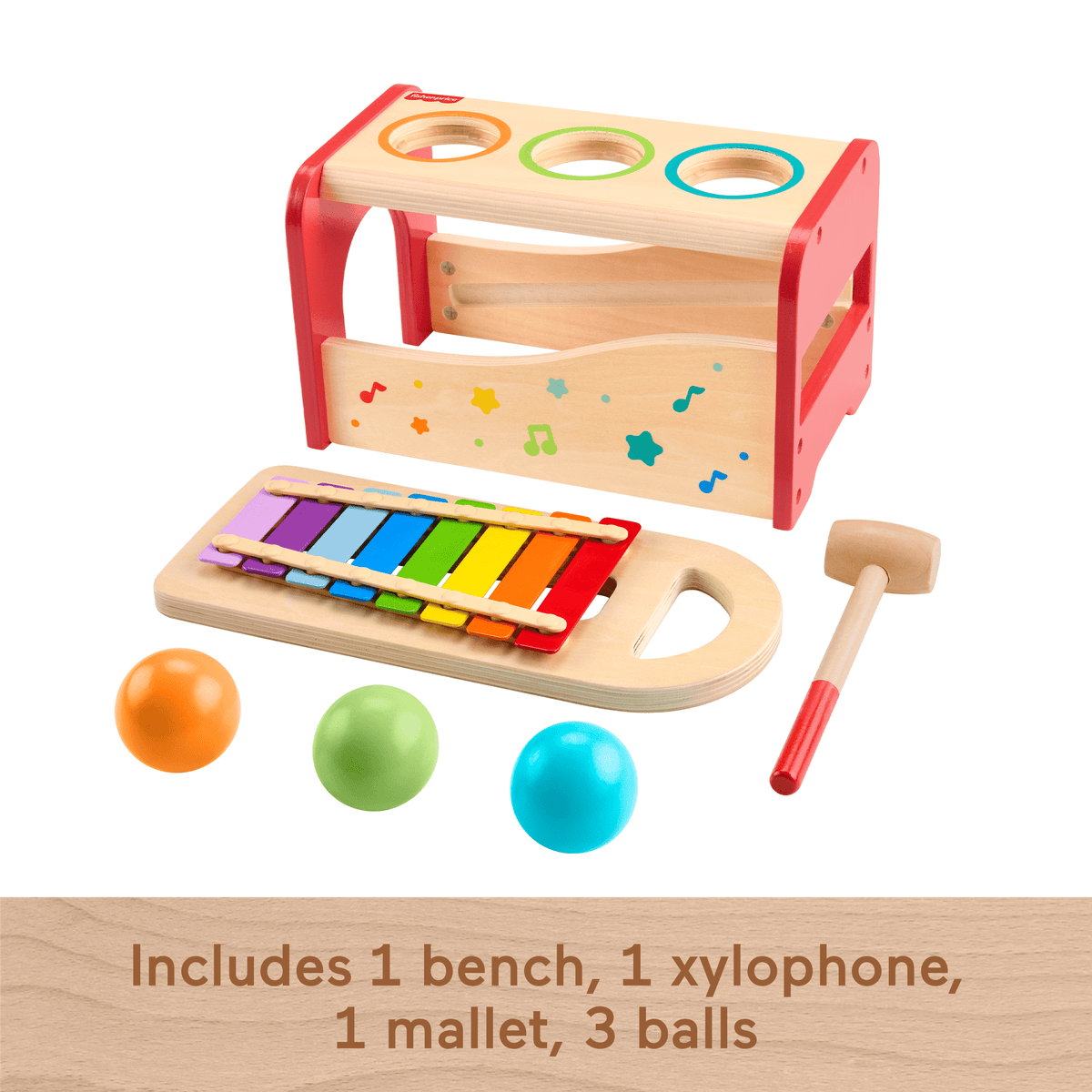 Fisher-Price Wooden Pound & Tap Bench Xylophone Toddler Musical instrument Toy, 6 Wood Pieces