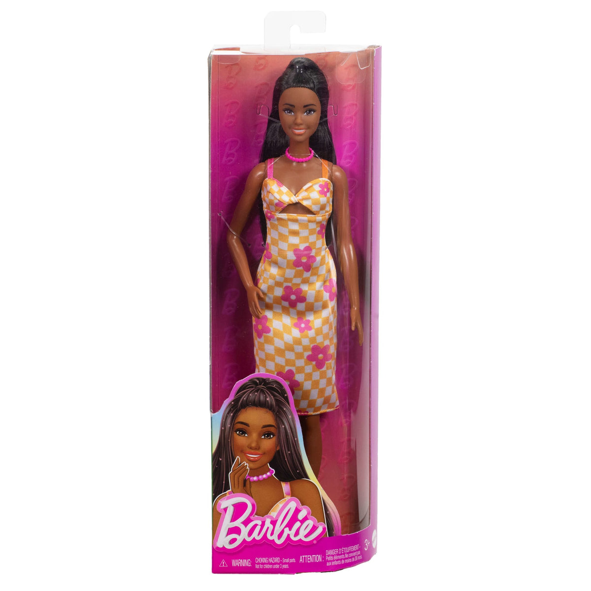 Barbie Fashionistas Doll #233 in Checkered Flower Midi Dress, Black Hair