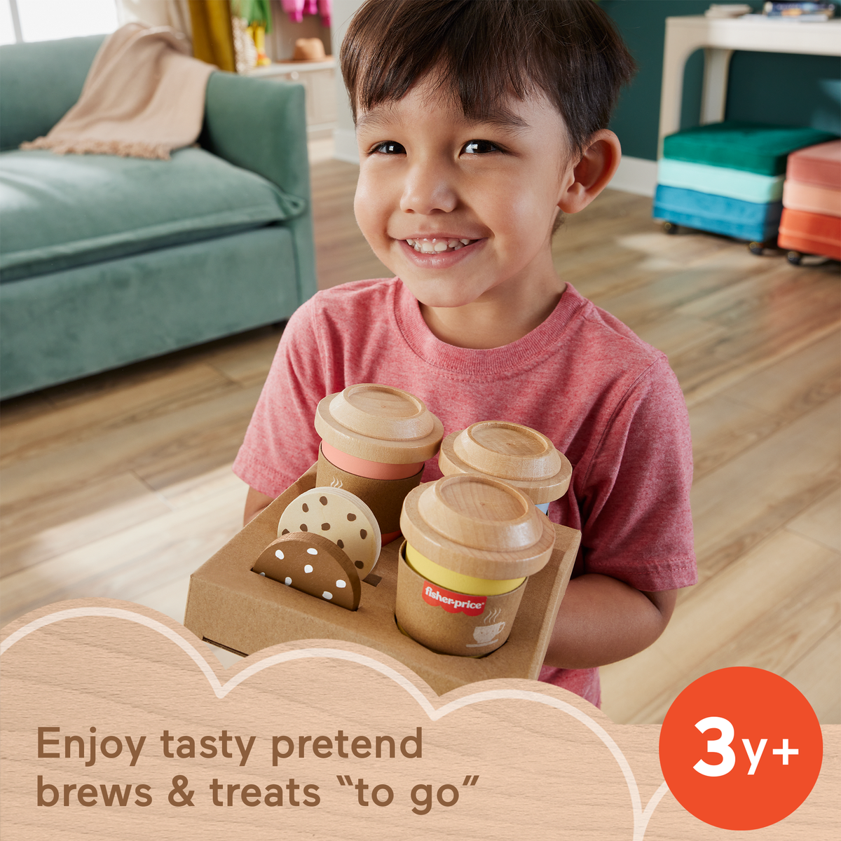 Fisher-Price Wooden Coffee To Go Set, 15-Piece Café Shop Playset Preschool Role-Play