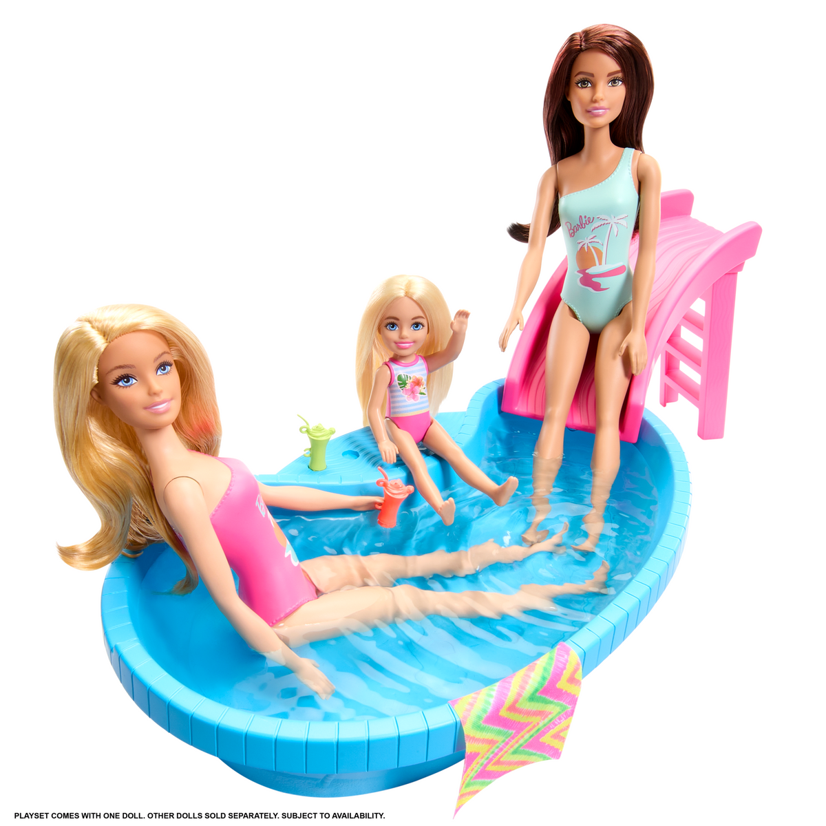 Barbie Coffret de Jeu et Poupée, Blonde, Piscine, Serviette, Boissons