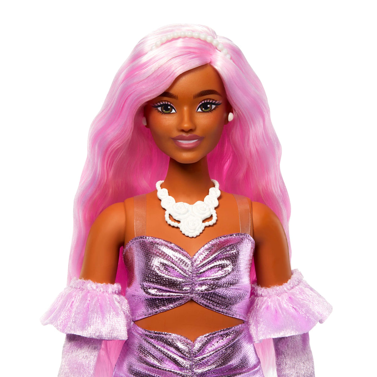 Barbie Fashionista Muñeca Deluxe Cabello Rosa y Vestido Brillante