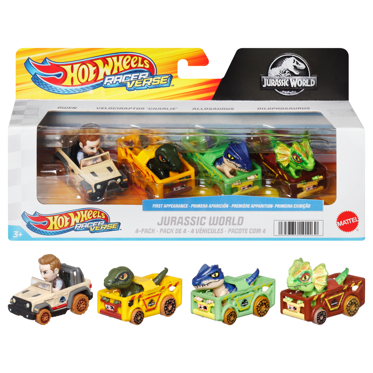 Hot Wheels RacerVerse Vehículo de Juguete Cuatro Autos de Carrera Jurassic World