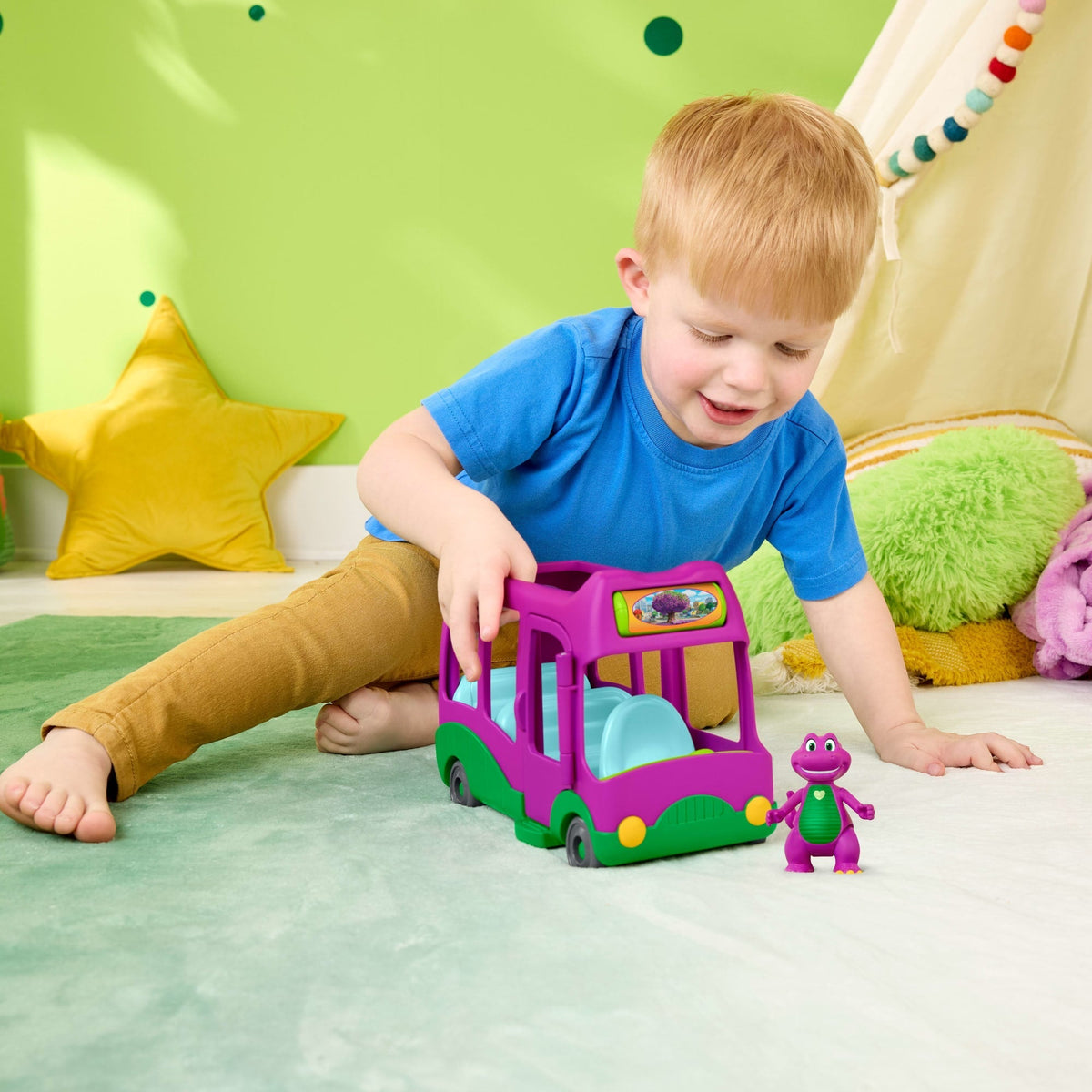 Véhicule Jouet à Pousser L’Autobus des Aventures et Figurine de Barney Le Monde de Barney de Fisher-Price,