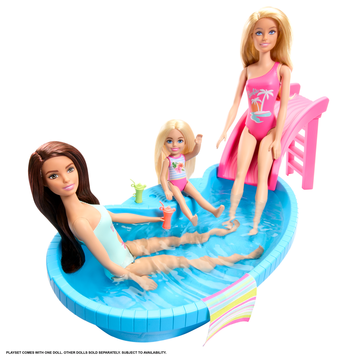 Barbie Coffret et Poupée, Brunette, Piscine, Serviette, Boissons